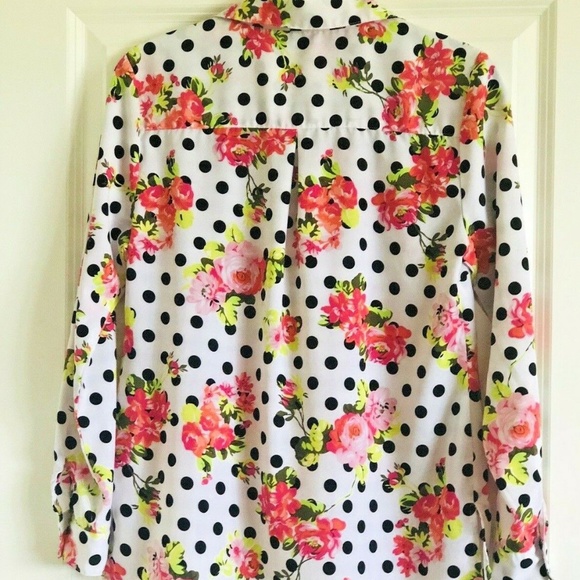 Black & White Polka Dot & Floral Print Blouse (S) - Picture 4 of 6